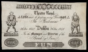 Annons för en pantomim på Theatre Royal, Dublin, baserad på en Bank of Ireland-sedel av Irish School