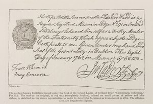 Faksimil av det tidigaste kända certifikatet utfärdat under Seal of the Grand Lodge of Ireland, daterat 1762 av Irish School