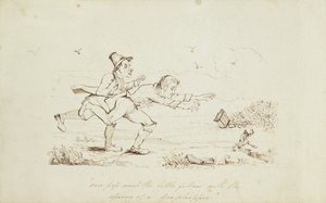 Over Pop Went the Little Fellow with the Spring of a Grasshopper, bokillustration som visar Two Irishmen Chasing a Leprechaun, 1800-talet (penna och bläck på papper) av Irish School