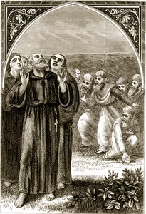 St. Columba skanderar och attackeras av druiderna, från The Trias Thaumaturga, eller Three Wonder-Working Saints of Ireland, av Mary Cusack (1829-99) publicerad ca 1890-talet av Irish School