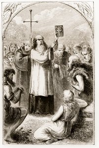 St. Patrick som visar folket i Irland de fyra evangelierna, från The Trias Thaumaturga, eller Three Wonder-Working Saints of Ireland, av Mary Cusack (1829-99) publicerad ca 1890-talet av Irish School