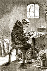 St. Vincent skriver i sin cell i Ferins, från The Trias Thaumaturga, eller Three Wonder-Working Saints of Ireland, av Mary Cusack (1829-99) publicerad ca 1890-talet