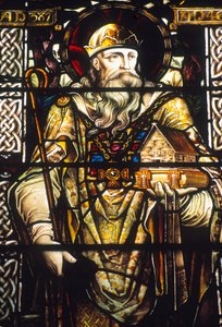 Målat glasfönster föreställande St. Patrick av Irish School