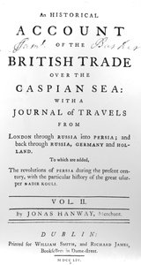 Titelsida till An Historical Account of British Trade over the Caspian Sea, with a Journal of Travels av Jonas Hanway, 1754 av Irish School