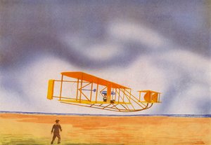 Bröderna Wrights flygplan (färglitografi)