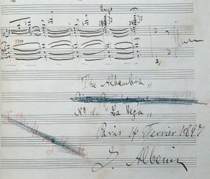Noter till pianosviten "" La Vega "" med autograf av Isaac Albeniz (1860-1909), spansk kompositör och pianist. Manuskriptdatum 14 februari 1897. Kataloniens nationalbibliotek. av Isaac Albeniz