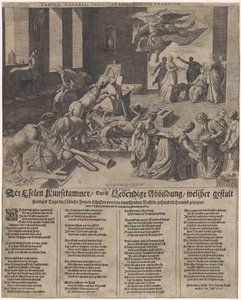 Ezels använder en konstkammare Åsnan Kunstkammer, det vill säga en levande illustration, i vars form idag de lovvärda fria konsterna hanteras, släpade runt av den okunniga buffeln (...) (titel på objekt) av Isaac Duchemin