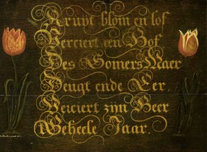En kalligrafisk Maxim med tulpaner av Isaac Hondius