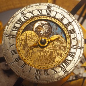 Detalj av urtavla på himmelsk urverksglob av Isaac III Habrecht