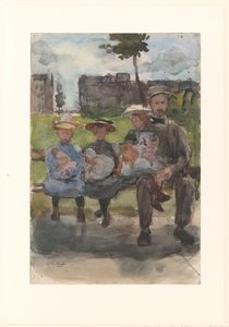 En man med tre flickor på en bänk i Oosterpark i Amsterdam av Isaac Israels