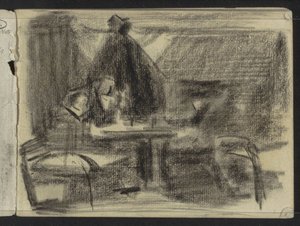 Figurer vid ett bord i en interiör av Isaac Israels
