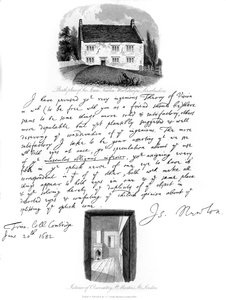Ett brev från Isaac Newton och en utsikt över hans födelseplats i Woolsthorpe, Lincolnshire, 1682, 1840.
