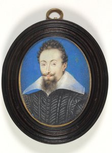 En okänd herre i svart klänning med vit krage (akvarell på veläng) av Isaac Oliver