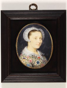 Elizabeth Harding, Mrs Isaac Oliver (akvarell på veläng) av Isaac Oliver