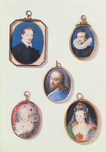 Miniatyrer. från LtoR, TtoB: Sir Arundel Talbot; Okänd man; Kristi huvud; Anne av Danmark (1574-1619); Dam i maskeraddräkt