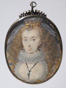 Porträtt av Lucy Russell, grevinna av Bedford, ca 1608-16 (akvarell på veläng med guld och silver i förgylld ram)