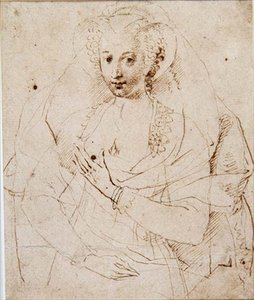 Porträtt av en okänd dam, formellt kallad Lucy Harrington, grevinnan av Bedford, en skiss till en miniatyr (nr 3902) ca 1605 (penna och bläck, krita på papper) (se även 58811) av Isaac Oliver