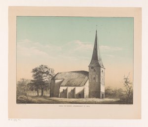Utsikt över kyrkan i Emmen Kyrkan i Emmen, riven 1855 (titel på objekt) av Isaac Reijnders Sz.