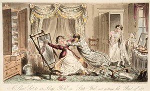 A Short Set till på Longs Hotel eller Stop-Ford får inte det bästa av det, från The English Spy, pub. 1824 (handfärgad gravyr) av Isaac Robert Cruikshank