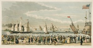 Ankomst av Great Western Steam Ship, utanför New York måndagen den 23 april 1838, pub. 1842 (handfärgad gravyr) av Isaac Robert Cruikshank