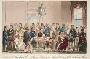 Bernard Blackmantle läser sin pjäs i Green Room på Covent Garden Theatre, från The English Spy, pub. 1824 (handfärgad gravyr) av Isaac Robert Cruikshank