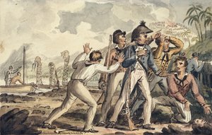 Kapten Burney upptäcker sina mördade skeppskamrater, illustration från "The Voyages of Captain Cook" av Isaac Robert Cruikshank