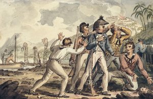 Kapten Burney upptäcker sina mördade skeppskamrater", från Captain Cooks resor av Isaac Robert Cruikshank
