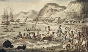 Captain Cook landar i Owyhee, illustration från "The Voyages of Captain Cook" av Isaac Robert Cruikshank