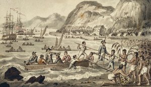 Captain Cook Landing "n Owyhee", från the Voyages of Captain Cook av Isaac Robert Cruikshank