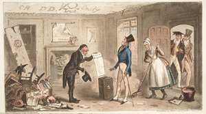 College Comforts, A Freshman som tar sina rum i besittning, från The English Spy, pub. 1824 (handfärgad gravyr) av Isaac Robert Cruikshank