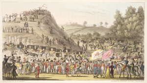 Eton Montem, och berget, Salt Hill, från The English Spy, pub. 1824 (handfärgad gravyr) av Isaac Robert Cruikshank