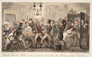 Family Men at Fault, eller ett oväntat besök från The Bishop and his Chaplains, från The English Spy, pub. 1824 (handfärgad gravyr) av Isaac Robert Cruikshank