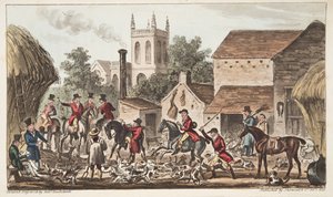 Går ut; En vy av Berkeley Hunt Kennel, från The English Spy publicerad 1824, (handfärgad gravyr) av Isaac Robert Cruikshank