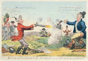 Killing no Murder, eller ett nytt ministeriellt sätt att lösa nationens angelägenheter!, 1809 (färgetsning) av Isaac Robert Cruikshank