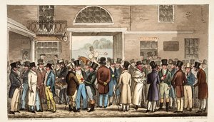 Måndag efter Great St Leger, eller Heroes of the Turf som betalar och tar emot på Tattersalls, från The English Spy, pub. 1824 (handfärgad gravyr) av Isaac Robert Cruikshank