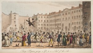 Surrey Collegians ger ett lyft till a Limb of the Law, från The English Spy, publicerad London, 1824 av Isaac Robert Cruikshank