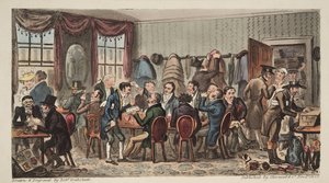 The Bags, Mens Bankett på Bell Inn, Cheltenham, från The English Spy, pub. 1824 (handfärgad gravyr) av Isaac Robert Cruikshank