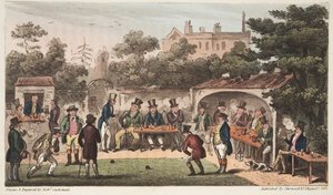 The Bowling Alley, Worcester, eller Characters of the Hand and Glove Club, från The English Spy, publicerad London, 1824 (handfärgad gravyr) av Isaac Robert Cruikshank