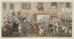 Den komiska processionen från The English Spy, pub. 1824 (handfärgad gravyr) Gloucester till Berkeley, från The English Spy, pub. 1824 (handfärgad gravyr) av Isaac Robert Cruikshank