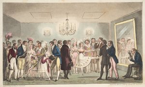 The Green Room of the Kings Theatre, eller ädla amatörer som tittar på Foreign Curiosities, från The English Spy, pub. 1824 (handfärgad gravyr) av Isaac Robert Cruikshank