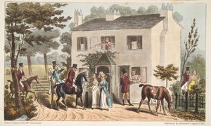 Oakland Cottages, Cheltenham eller Fox Hunters och deras favoriter, från The English Spy, pub. 1824 (handfärgad gravyr) av Isaac Robert Cruikshank