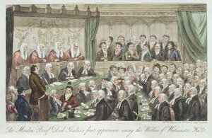The maiden brief, Dick Gradus första framträdande bland de värdaste i Westminster Hall, publicerad 1824. av Isaac Robert Cruikshank