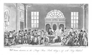 Välkända karaktärer i pumprummet, Bath, tar en klunk med kung Bladud, 1825 av Isaac Robert Cruikshank