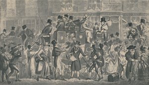 Utanför White Horse Cellar, Piccadilly, 1821, 1920. Konstnärer: Isaac Robert Cruikshank, George Cruikshank. av Isaac, Robert and George Cruikshank