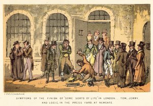 Symtom på slutet på någon sorts liv i London, Tom, Jerry och Logic, i pressgården, i Newgate av Isaac, Robert and George Cruikshank