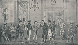 The Green Room på Drury Lane Theatre, 1821, 1920. Konstnärer: Isaac Robert Cruikshank, George Cruikshank. av Isaac, Robert and George Cruikshank