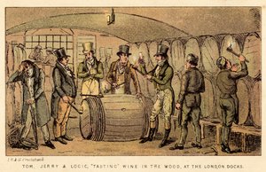 Tom, Jerry och Logic, provsmakar vin i skogen, vid London Docks av Isaac, Robert and George Cruikshank