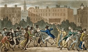 Tom, Jerry och Logic Involved in a Night Fight, från "Life in London" av Pierce Egan (1772-1849), 1821-22 (färgad akvatint)