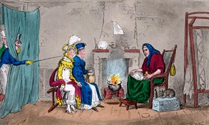 Tom och Jerry, fångar Kate och Sue i farten, med sina förmögenheter berättade, 1800-talet. av Isaac, Robert and George Cruikshank