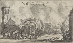 Franska trupper marscherar plundrande och skjutande genom ruinerna av byn Nigtevecht, 1672 Serie med tretton bilder av byar och slott i provinsen Utrecht som förstördes av fransmännen 1672 (serietitel) av Isaac Sorious